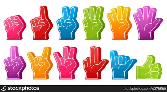 Fan foam fingers, sports fan support hands with different gestures. Fist place, thumb up and ok sign foam finger gestures vector symbols set. Sports team support fan hands in competitions, tournaments. Fan foam fingers, sports fan support hands with different gestures. Fist place, thumb up and ok sign foam finger gestures vector symbols set. Sports team support fan hands