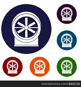 Fan icons set in flat circle red, blue and green color for web. Fan icons set
