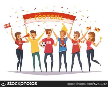 Fan Rooter Buff Group Composition. Colored fan rooter buff group composition with flags and banners girls and boys vector illustration