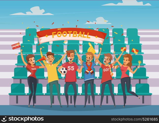 Fan Rooter Composition. Colored fan rooter buff composition with people who standing in front of the football field bleachers vector illustration