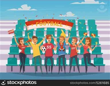 Fan Rooter Composition. Colored fan rooter buff composition with people who standing in front of the football field bleachers vector illustration