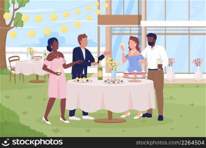 Fancy outdoor reception flat color vector illustration. Wedding day celebration. Birthday party. Informal conversation. 2D simple cartoon guests partying outdoor with decorations on background. Fancy outdoor reception flat color vector illustration