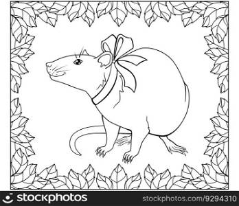 Fancy Rat with a bow around the neck in a frame of leaves - a vector linear picture for coloring. Outline. Cute Rat pet coloring page with animal.