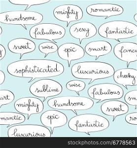 Fancy speech bubbles pattern, hand drawn illustration of comics text doodles over a blue background