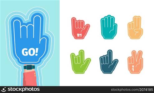 Fans fingers. Hands gestures for stylized cheering gloves victory thumbs up two one fingers vector symbols isolated on white background. Number glove souvenir to support competition team illustration. Fans fingers. Hands gestures for stylized cheering gloves victory thumbs up two one fingers garish vector flat symbols isolated on white background