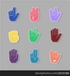 Fans gloves. Colored hands cheering sport fans thumbs up on stadium conference garish stylized vector flat pictures isolated. Illustration glove for cheer competition, number first hand. Fans gloves. Colored hands cheering sport fans thumbs up on stadium conference garish stylized vector flat pictures isolated