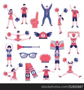 Fans Supporters Flat Icons Collection . Sport club fans buffs cheerleaders supporters outfits clothing and accessoires flat icons collection isolated vector illustration