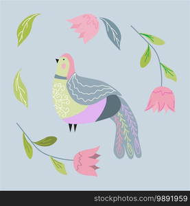 Fantastic bird in the Scandinavian style folk art for design cards, banners, posters. vector illustration