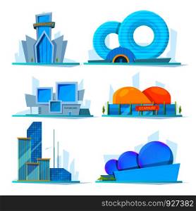 Fantastic buildings of future. Vector cartoon pictures town construction, skyscraper architectural, famous stadium and office illustration. Fantastic buildings of future. Vector cartoon pictures