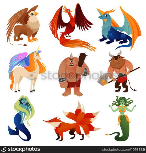 Fantastic creatures. Phoenix dragon hybrid animals flying lion minotaur ...