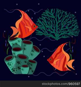 Fantastic cute fish in the sea, seaweed and corals nearby, vector illustration