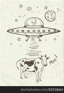Fantastic doodle background with UFO abducts a cow. Hand drawn vector illustration.
