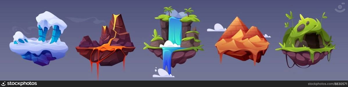 Fantastic flying land platforms for game ui design. Vector cartoon illustration of islands decorated with ancient pyramids, ice and snow, paradise waterfall, volcano with fiery liquid lava. Fantastic flying land platforms for game ui design