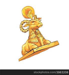 Fantastic Golden sheep from tales. Fantasy sculpture of mountain sheep with the Cobra on the head. Mythical animal. Fictional sculpture. Fantastic Golden sheep from tales