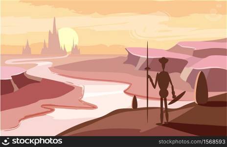 Fantastic mountain landscape, valley, river, sunset, mountains knight Cartoon style vector. Fantastic mountain landscape, valley, river, sunset, mountains, knight, Cartoon style, vector illustration