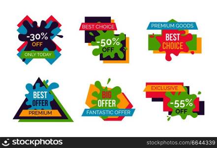Fantastic offer premium goods set of icons isolated on white background. Vector illustration with sale promotion on colorful signs with discount values. Fantastic Offer Premium Goods Vector Illustration