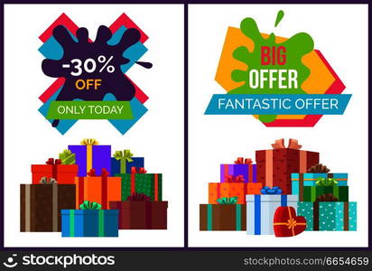 Fantastic offer sale advert with discount value. Vector illustration with special proposition decorated with boxes wrapped in colorful paper, posters. Fantastic Offer Sale Advert Vector Illustration