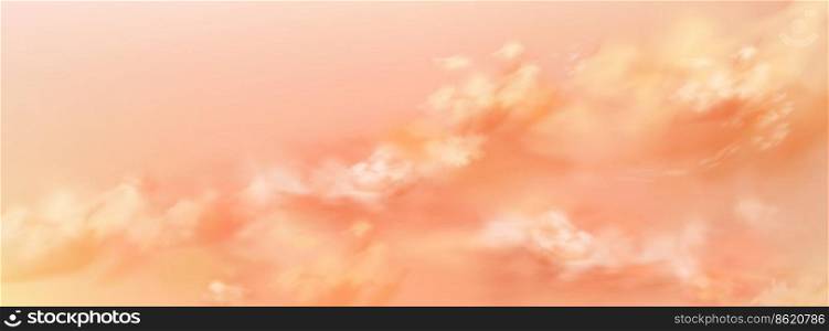 Fantastic peach sky background with soft pink cloud texture. Pastel heaven or paradise background. Amazing sunset or sunrise natural cloudscape. Religion and hope. Realistic vector illustration. Fantastic peach sky with soft pink cloud texture