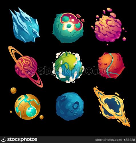 Fantastic planets, cartoon galaxy ui game asteroids set. Cosmic world, alien space design elements. Earth, satellite with rings, frozen ice, craters and technology comets surface. Vector illustration. Fantastic planets cartoon galaxy ui game asteroids