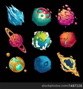 Fantastic planets, cartoon galaxy ui game asteroids set. Cosmic world, alien space design elements. Earth, satellite with rings, frozen ice, craters and technology comets surface. Vector illustration. Fantastic planets cartoon galaxy ui game asteroids