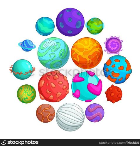 Fantastic planets icons set. Cartoon illustration of 16 fantastic planets vector icons for web. Fantastic planets icons set, cartoon style