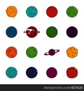 Fantastic planets icons set. Doodle illustration of vector icons isolated on white background for any web design. Fantastic planets icons doodle set