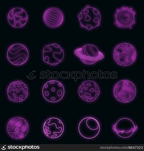 Fantastic planets icons set. Illustration of 16 fantastic planets vector icons neon color on black. Fantastic planets icons set vector neon