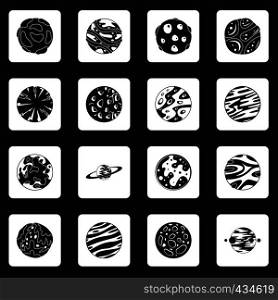 Fantastic planets icons set in white squares on black background simple style vector illustration. Fantastic planets icons set squares vector