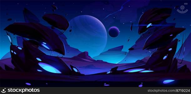 Fantastic space background with alien planet landscape at night. Vector cartoon illustration of planet surface with rocks, glowing blue spots, moons and stars in sky. Space background with alien planet at night