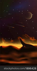 Fantastic space landscape in the style of realism. Lava river. Planet in the sky. Silhouette of a lizard that looks at the falling meteors. Vertical vector illustration.