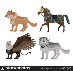 Fantastic Wolf Vector Illustration in Flat Design.. Fantastic battle riding animals vector in flat style design. Fairy predator beasts in armor model illustration for games industry concepts, icons and pictograms. Isolated on white background.