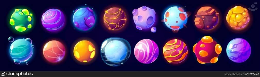 Fantasy alien planets for ui space game. Vector cartoon icons set of magic fantastic world, cosmic objects different colors with bubbles, holes and spirals. Cute planets and moons collection. Fantasy alien planets for ui space game