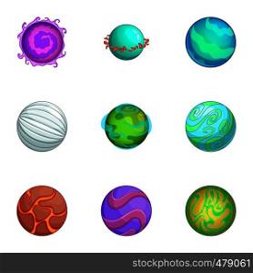 Fantasy alien planets icons set. Cartoon set of 9 fantasy alien planets vector icons for web isolated on white background. Fantasy alien planets icons set, cartoon style