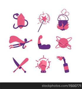 Fantasy and comic flat color vector objects set. Wand and cauldron witch symbols. Superhero in cape. Snake and diamond, weapon 2D isolated cartoon illustrations on white background. Fantasy and comic flat color vector objects set