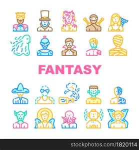 Fantasy And Magical Character Icons Set Vector. Zombie And Ghost, Angel And King, Burning And And Frankeinstein, Mummy And Vampire, Fairy And Steampunk Character Line. Color Illustrations. Fantasy And Magical Character Icons Set Vector