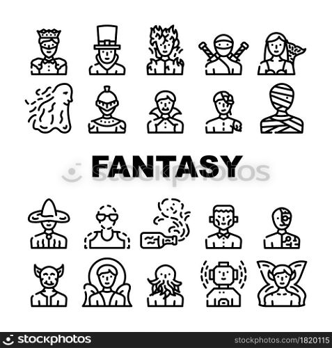 Fantasy And Magical Character Icons Set Vector. Zombie And Ghost, Angel And King, Burning And And Frankeinstein, Mummy And Vampire, Fairy And Steampunk Character Contour Illustrations. Fantasy And Magical Character Icons Set Vector