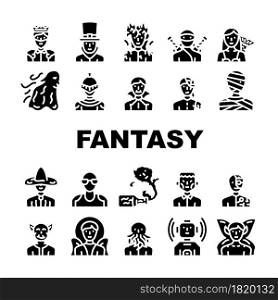 Fantasy And Magical Character Icons Set Vector. Zombie And Ghost, Angel And King, Burning And And Frankeinstein, Mummy And Vampire, Fairy And Steampunk Character Glyph Pictograms Black Illustrations. Fantasy And Magical Character Icons Set Vector