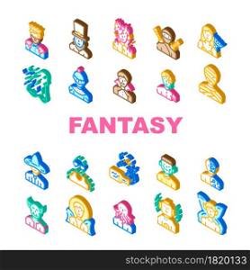 Fantasy And Magical Character Icons Set Vector. Zombie And Ghost, Angel And King, Burning And And Frankeinstein, Mummy And Vampire, Fairy And Steampunk Character Isometric Sign Color Illustrations. Fantasy And Magical Character Icons Set Vector