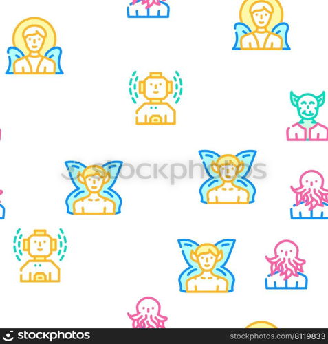 Fantasy And Magical Character Vector Seamless Pattern Color Line Illustration. Fantasy And Magical Character Icons Set Vector
