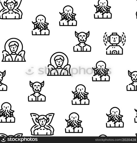 Fantasy And Magical Character Vector Seamless Pattern Thin Line Illustration. Fantasy And Magical Character Vector Seamless Pattern