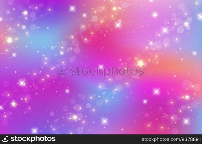 Fantasy background. Bright multicolored sky with stars and bokeh. Holographic illustration in violet and pink colors. Cute cartoon girly wallpaper. Vector. Fantasy background. Bright multicolored sky with stars and bokeh. Holographic illustration in violet and pink colors. Cute cartoon girly wallpaper. Vector.
