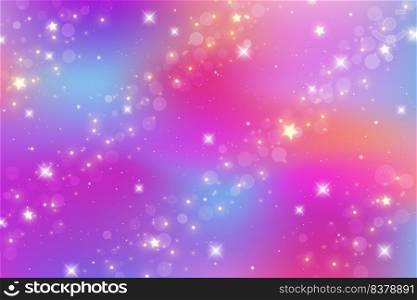 Fantasy background. Bright multicolored sky with stars and bokeh. Holographic illustration in violet and pink colors. Cute cartoon girly wallpaper. Vector. Fantasy background. Bright multicolored sky with stars and bokeh. Holographic illustration in violet and pink colors. Cute cartoon girly wallpaper. Vector.