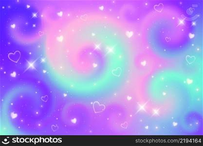 Fantasy background. Holographic illustration. Cute cartoon girly background. Bright multicolored sky with stars and hearts. Vector.. Fantasy background. Holographic illustration. Cute cartoon girly background. Bright multicolored sky with stars and hearts. Vector