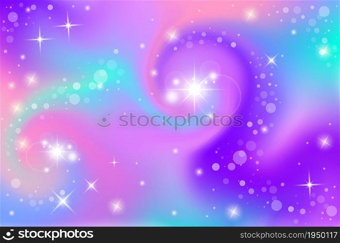 Fantasy background. Holographic illustration in pastel colors. Cute cartoon girly background. Bright multicolored sky with stars and bokeh. Vector illustration. Fantasy background. Holographic illustration in pastel colors. Cute cartoon girly background. Bright multicolored sky with stars and bokeh. Vector.