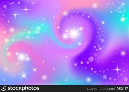 Fantasy background. Holographic illustration in pastel colors. Cute cartoon girly background. Bright multicolored sky with stars and bokeh. Vector illustration. Fantasy background. Holographic illustration in pastel colors. Cute cartoon girly background. Bright multicolored sky with stars and bokeh. Vector.