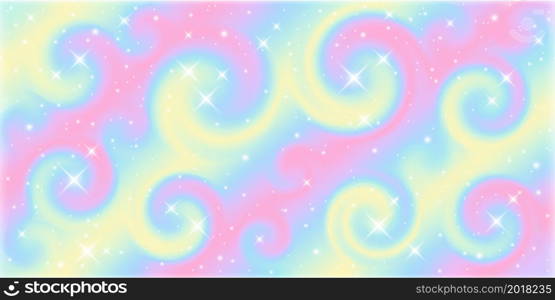 Fantasy background. Holographic illustration in pastel colors. Cute cartoon girly background. Bright multicolored sky with stars. Vector illustration. Fantasy background. Holographic illustration in pastel colors. Cute cartoon girly background. Bright multicolored sky with stars. Vector.