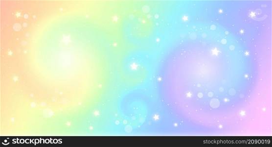 Fantasy background. Holographic illustration in pastel colors. Cute cartoon girly background. Bright multicolored sky with stars. Vector illustration. Fantasy background. Holographic illustration in pastel colors. Cute cartoon girly background. Bright multicolored sky with stars. Vector.