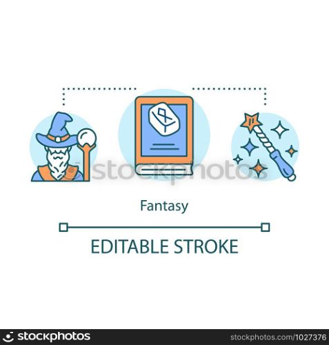 Fantasy books concept icon. Fantastic literature idea thin line illustration. Magic worlds, adventures, mystic ancient times. Imaginary stories. Vector isolated outline drawing. Editable stroke