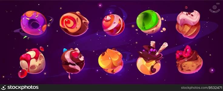 Fantasy candy planet in cartoon game assets set. Vector illustration of sweet dessert in shape of ball. Round yummy candylands look like rolled cake, ice cream with jelly, donut with icing, caramel.. Fantasy candy planet in cartoon game assets set.