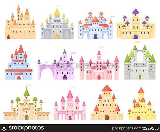 Fantasy cartoon medieval castles. Fairy tale royal kingdom with towers. Ancient dream building for king and queen. Fiction palace exterior for princess isolated vector set. Mysterious mansions. Fantasy cartoon medieval castles. Fairy tale royal kingdom with towers. Ancient dream building for king and queen